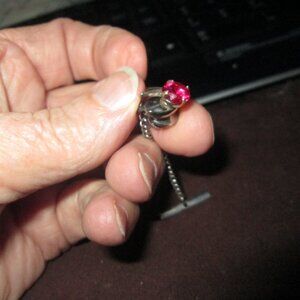 Tie Tack with Bar, bright red ruby crystal/glass, vintage wishbone